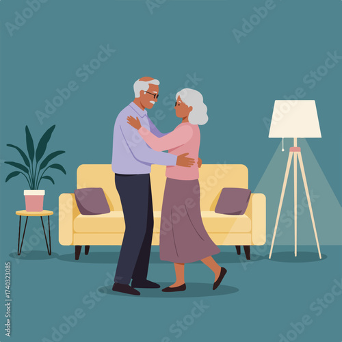 Elderly couple dancing affectionately in a cozy living room, bathed in warm lamplight