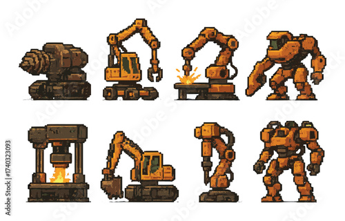 Pixel art industrial robots and machinery on yellow background