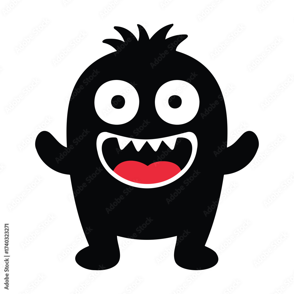 Fototapeta premium Vector art of a cute, black, cartoon monster with big eyes, a wide grin showing sharp teeth, and raised arms