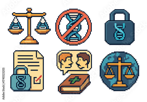 Pixel art legal symbols: justice, dna, and communication icons