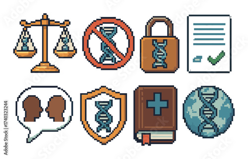 Genetic data privacy icons: balance, restriction, security, and global health