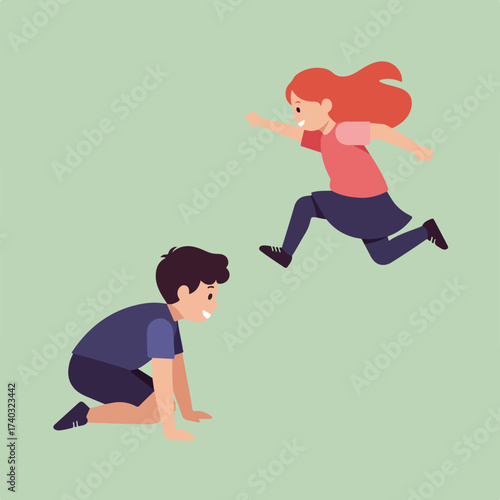 Two children playing outdoors; one crawls while the other jumps