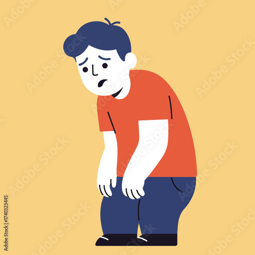 A sad, downtrodden boy with dark hair in an orange shirt and blue pants