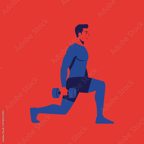 A person in blue performs a lunge with a dumbbell, set against a red background