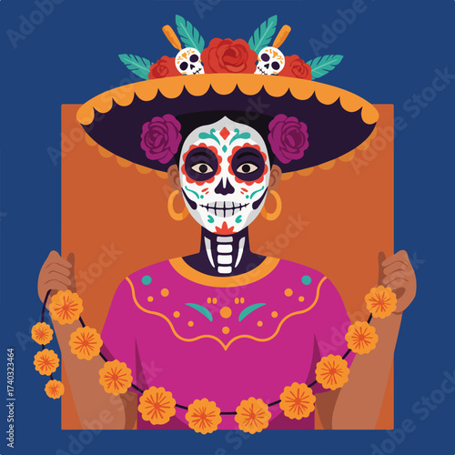 Woman with skull face paint, sombrero, and flower garland