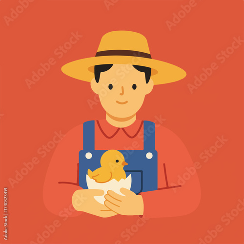 Farmer in straw hat cradles a newly hatched chick in an eggshell