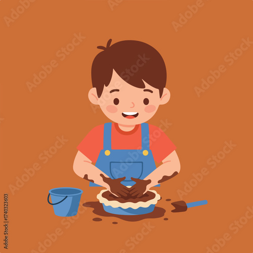 A child happily plays with mud, getting messy while making a pie