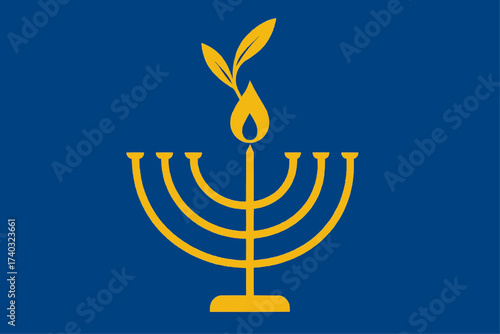 Olive branch transforming into an oil-flame over a hanukkiah outline — symbolic Hanukkah vector poster (CMYK, no text)
