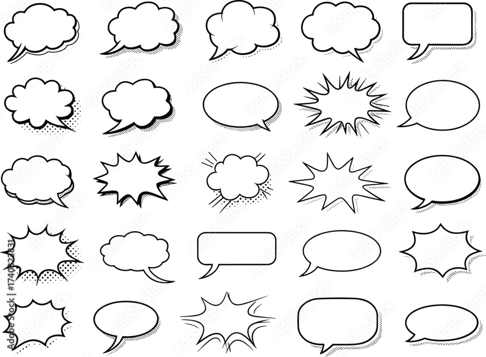 Fototapeta premium Comic speech bubbles set, blank text balloon collection, retro pop art dialogue frames, cartoon message cloud shapes, empty conversation callouts for design, illustration