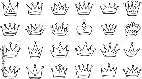 Hand drawn crown icons set, doodle royal tiaras, princess crown sketch, king and queen crowns collection, luxury royalty symbols for design illustration