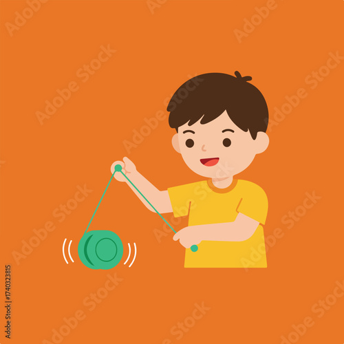 A cartoon boy in a yellow shirt happily playing with a green yo-yo