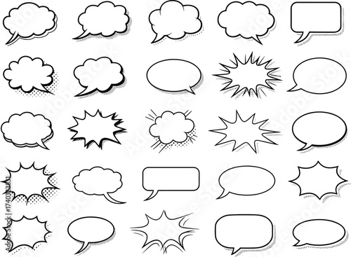 Comic speech bubbles set, blank text balloon collection, retro pop art dialogue frames, cartoon message cloud shapes, empty conversation callouts for design, illustration