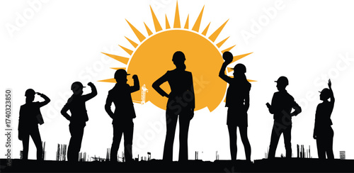 Silhouettes of engineers and construction workers with rising sun background, symbolizing leadership, teamwork, success, victory, achievement, innovation, hope, growth, and bright future in industry