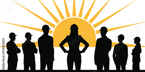 Silhouette of construction engineers and workers standing confidently with rising sun background, symbolizing leadership, teamwork, growth, hope, bright future, success, and engineering industry