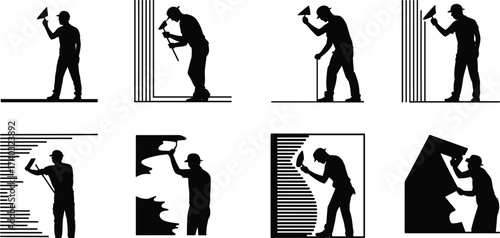 Silhouette set of construction workers plastering and smoothing walls with trowels, showcasing civil construction, wall finishing, renovation process, craftsmanship, teamwork, and building maintenance