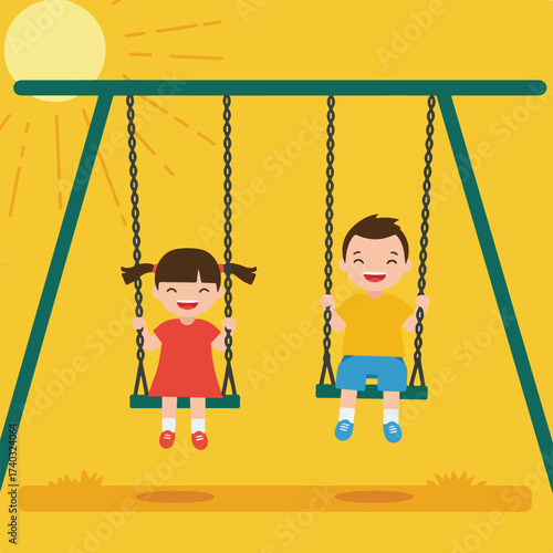 Two joyful children swinging high under a bright sun on a playground