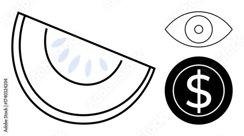 Abstract design with a watermelon slice, an outlined eye, and a dollar sign. Ideal for health, vision, finance, mindfulness, symbolism lifestyle and modern aesthetics. Clean flat metaphor
