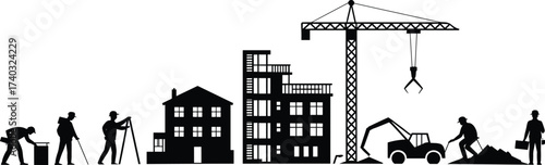 Silhouette of construction workers, engineers, surveyors, houses, buildings, crane, and excavator representing architecture, real estate, city development, and construction industry illustration