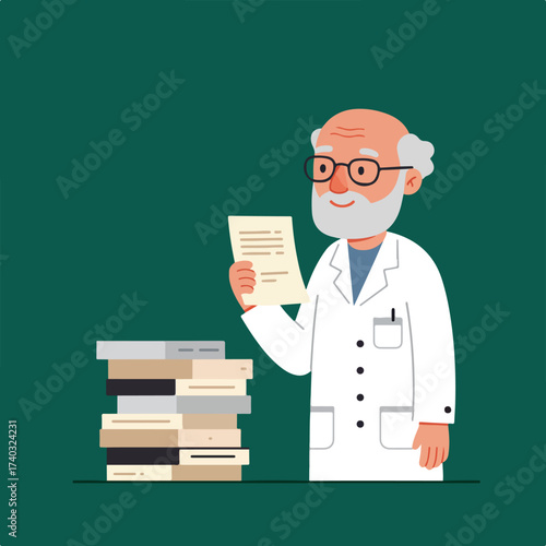 Elderly scientist in lab coat reads document next to stack of books