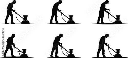 Silhouettes of cleaning workers polishing floors with machine, janitorial service, housekeeping, hygiene, floor scrubbing, industrial maintenance, cleaning industry, and sanitation work illustration