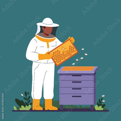 Beekeeper in protective suit examining honeycomb with bees near hive