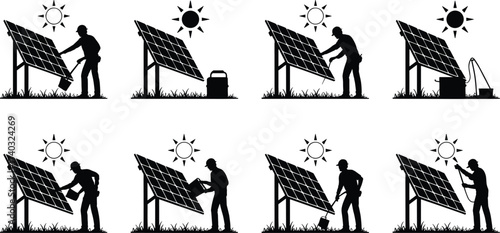 Silhouettes of solar energy workers installing panels, maintaining systems, connecting batteries, wiring, cleaning, renewable energy, green technology, sustainable power