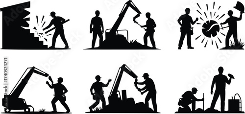 Silhouettes of construction workers using heavy machinery, breaking walls, demolition work, underground utility installation, industrial repair, teamwork, building renovation