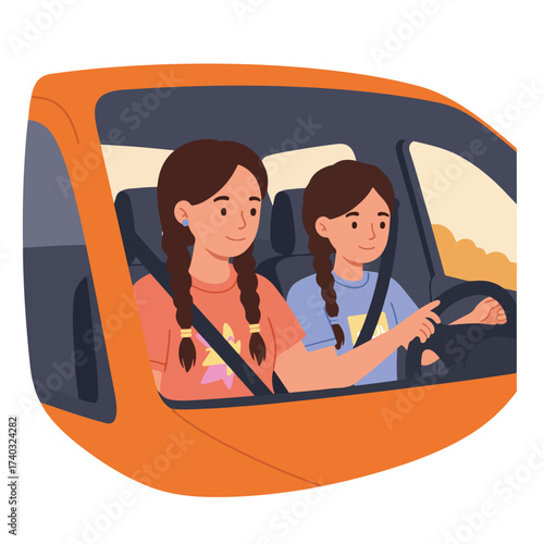 Two girls with braided hair in a car, one driving, on a sunny day