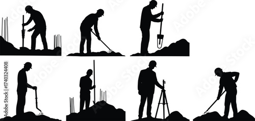 Silhouettes of construction workers with tools digging, drilling, shoveling, and surveying at building site, teamwork, manual labor force, engineering foundation