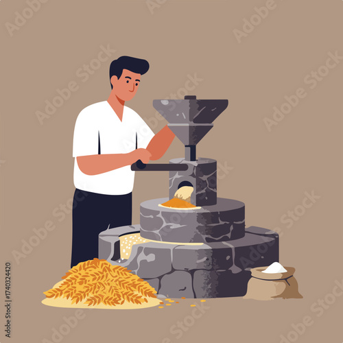 Man operating ancient stone mill to grind grain into flour, producing food