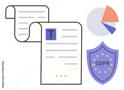 Documents, pie chart, and GDPR shield emphasize data regulation, privacy, analytics, compliance. Ideal for legal policies, privacy, data analysis compliance cybersecurity digital services data