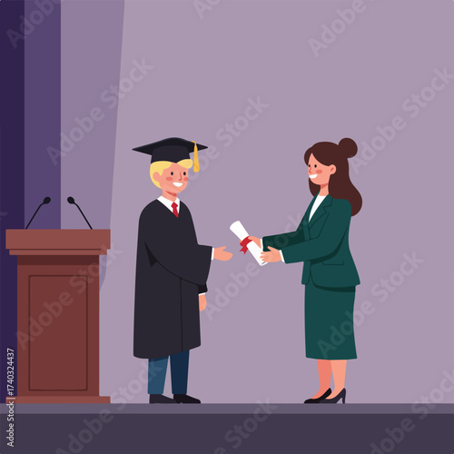 Graduate receives diploma on stage from officiant at ceremony