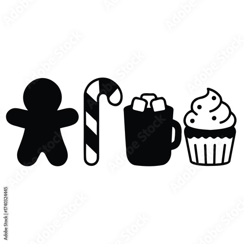 Vector art of set of christmas food and drink icons including gingerbread man, candy cane, hot chocolate, and cupcake