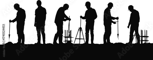 Silhouettes of construction workers drilling and measuring at site, foundation work, surveying, industrial labor force, teamwork, repair, engineering project