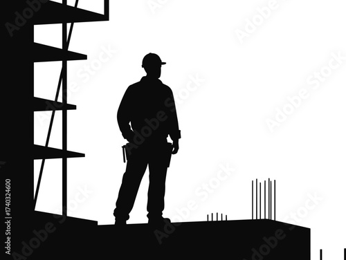 Silhouette of construction worker standing on building structure with scaffolding and rebar columns, engineering labor icon, industrial job concept, strength