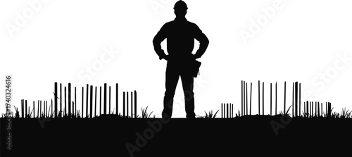 Silhouette of construction worker standing at building site with rebar foundation, engineering labor icon, strength symbol, industrial job concept, determination and construction planning design