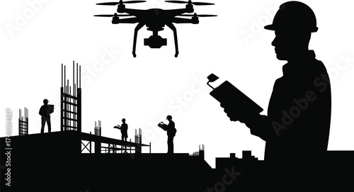 Silhouette of construction workers using drone for site inspection, modern engineering technology icon, industrial monitoring concept, teamwork illustration, future construction project management