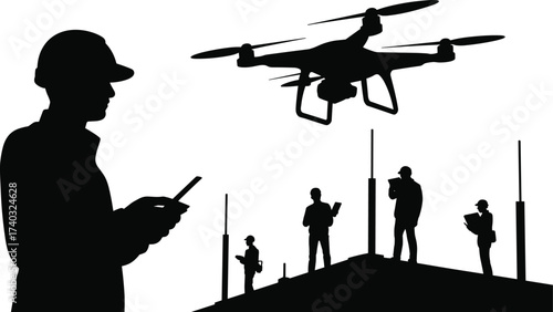 Silhouette of construction workers using drone technology, site inspection icon, modern engineering concept, industrial innovation symbol, teamwork illustration, future construction monitoring
