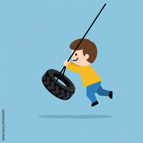 Child joyfully swinging on a tire swing, mid-air, against a serene blue backdrop