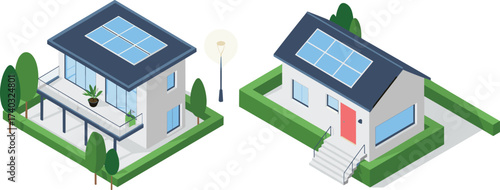 Modern eco-friendly houses with solar panels illustration, sustainable green energy design for renewable power, residential architecture, clean energy, and environmental conservation