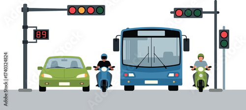 Traffic light illustration with car, bus, and motorbikes at red signal, urban road safety concept for transportation, driving, and traffic management
