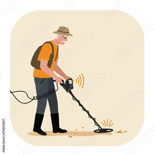 Elderly man with backpack and metal detector searching for treasure outdoors