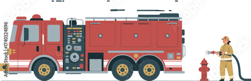 Fire truck illustration with firefighter using hose and hydrant, emergency rescue vehicle design for safety, firefighting, and fire department themed projects