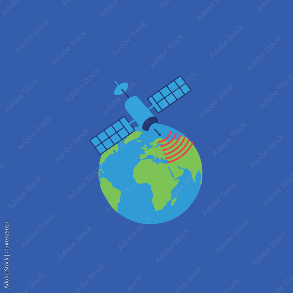 Fototapeta premium Satellite orbits globe, transmitting signals to Earth
