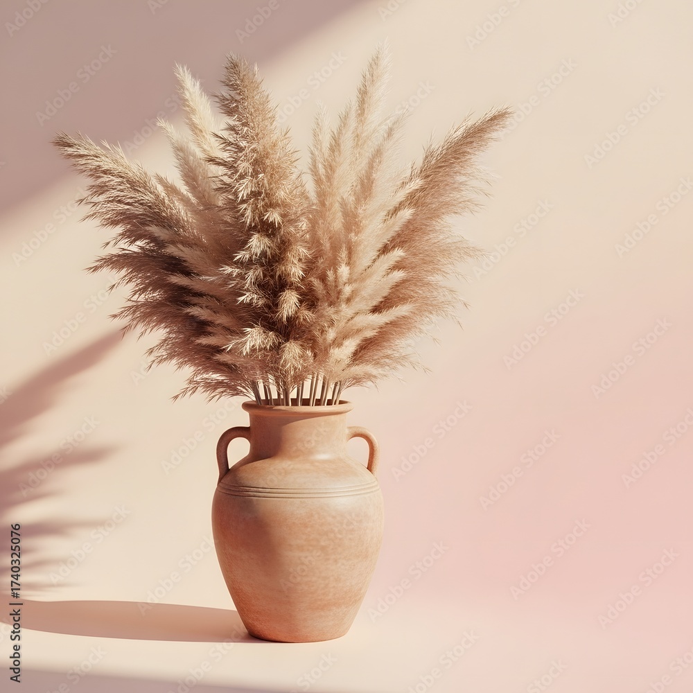 Naklejka premium Bohemian-inspired terracotta vase filled with dried pampas grass, casting soft shadows against a minimalist backdrop
