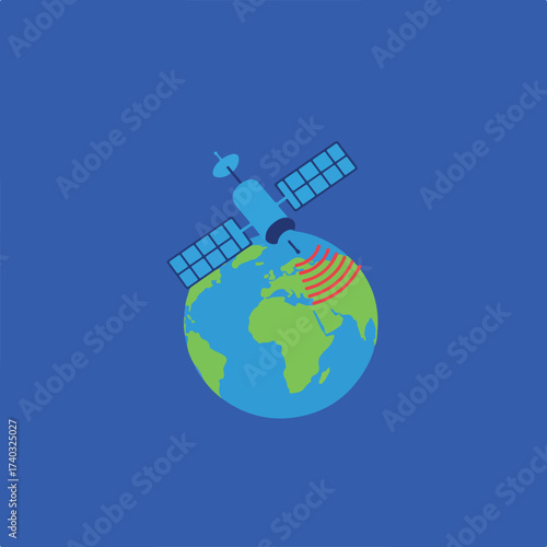 Satellite orbits globe, transmitting signals to Earth