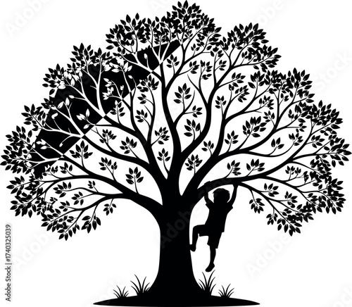 Silhouette of Child Hanging from Tree Branch in Nature, Outdoor Playtime, Childhood Fun, Black and White Vector Illustration