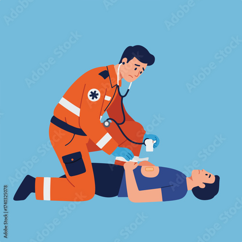 Medic in orange uniform attends to an injured person on blue background