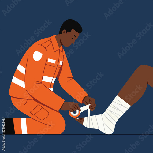 Rescuer in orange uniform bandages injured leg