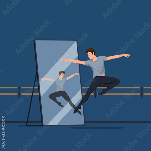Man practicing ballet in a studio, observing his reflection in a large mirror